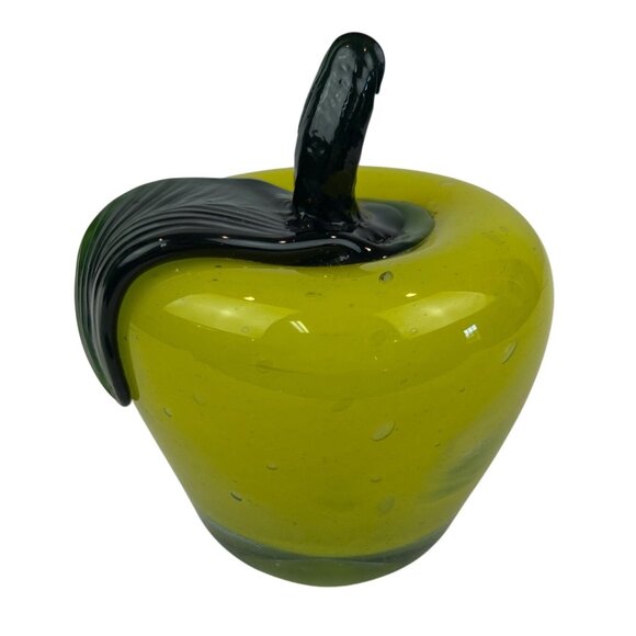 Murano Style Vintage Green Glass Apple Paperweight Stem Leaf Accent - Picture 4 of 10